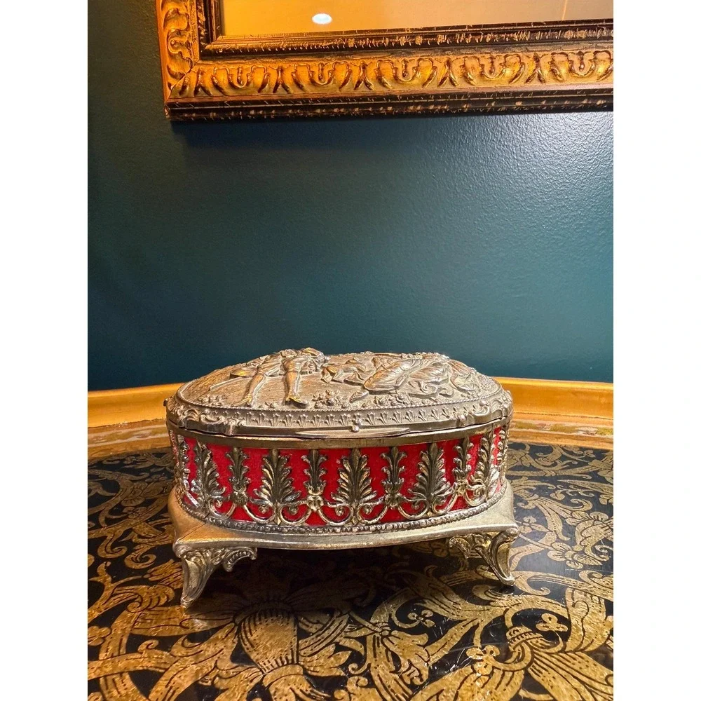 Vintage Metal‎ Jewelry Casket with Red Velvet Interior